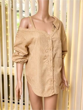 SHEIN Beige Textured Off Shoulder Button Up Shirt Strappy Asymmetrical Top M